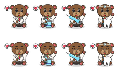 Vector Illustration of Cute sitting Bear cartoon hand up pose with Doctor costume. Set of cute little bear characters. Collection of funny little bear isolated on a white background.
