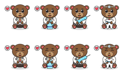 Vector Illustration of Cute sitting Bear cartoon with Doctor costume. Set of cute little bear characters. Collection of funny little bear isolated on a white background.