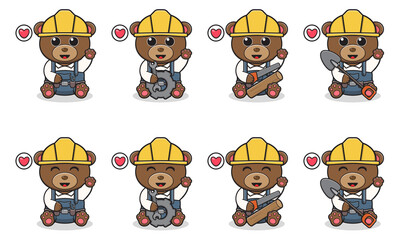 Vector Illustration of Cute sitting Bear cartoon hand up pose with Handyman costume. Set of cute little bear characters. Collection of funny little bear isolated on a white background.