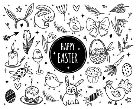 Easter symbols vector set. Hand drawn doodles isolated on white backdrop. Festive elements - eggs, bunny, chicken, flowers, cake. Set of spring clipart for decoration, web design, cards, print