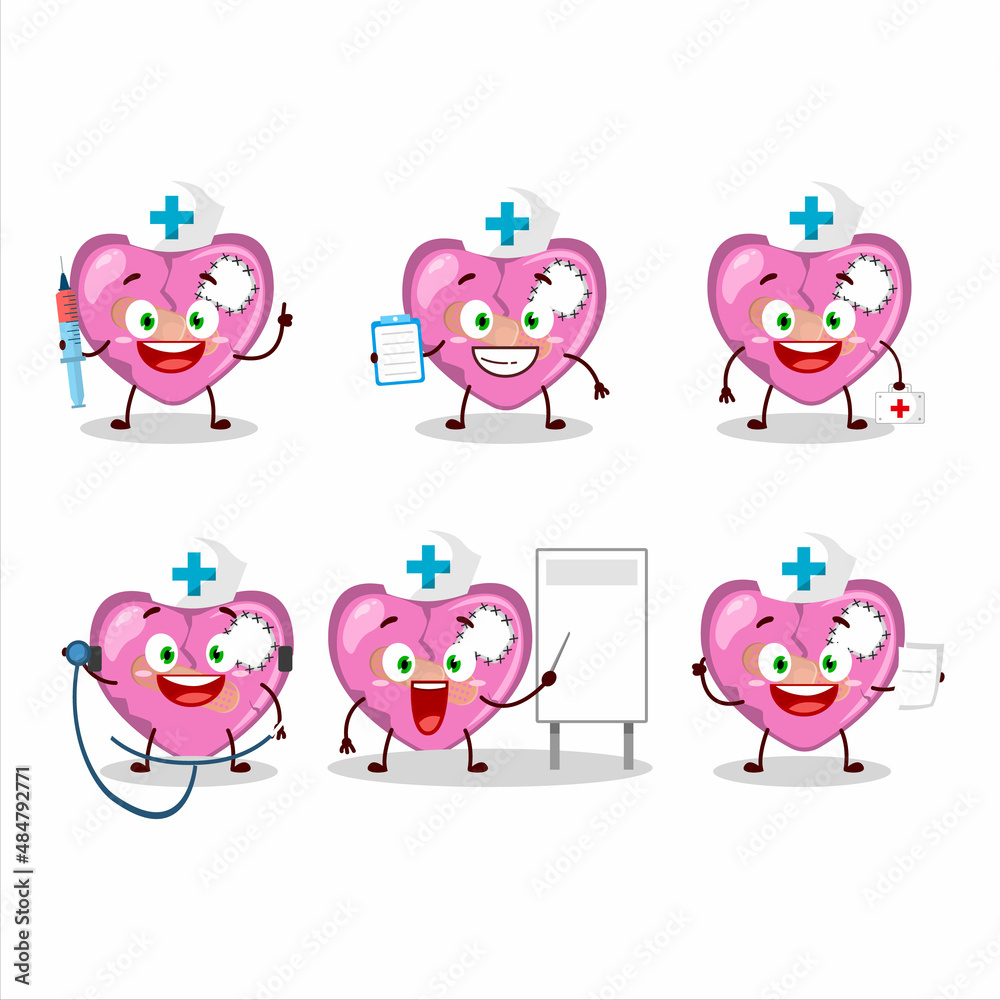 Poster doctor profession emoticon with pink broken heart love cartoon character