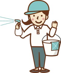 除菌スプレーとバケツを持つ笑顔の作業員の女性。