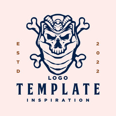 Logo template with skull snake head. Monochrome design element with human skull and snake head. Gothic or horror concept for label, stamp, tattoo template, esport logo