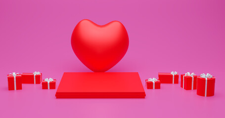 3d rendering create red Valentine Heart podiums and gifts for product displays on Valentine's Day.