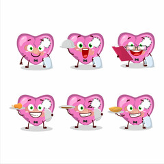 happy pink broken heart love waiter cartoon character holding a plate