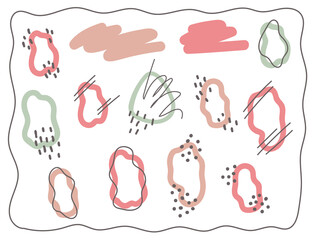Set  hand drawn vector isolated abstract elements. Spots and abstract frames. Color image on a white background.
