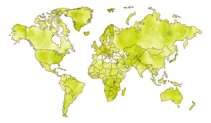 World map drawn in watercolor and crayon © Kbiscuit