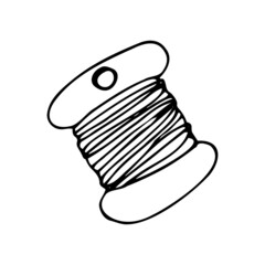 Vector isolated element. A skein of thread. A skein of floss threads. Embroidery threads. Black hand drawn doodle on a white background. The print is used for packaging design.
