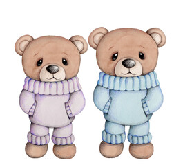 Cute cartoon teddy bears, plush soft baby toy, animal. Isolated watercolor hand drawn illustration for children. 