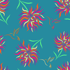 Fototapeta na wymiar Seamless floral pattern of multi-colored flowers chrysomtena and dahlias, hummingbirds on a blue background. Design for wallpaper, fabric, textile, wrapping paper. Isolated vector illustration