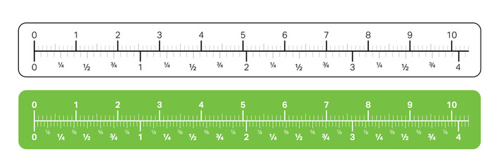 Ruler with metric and imperial units for carpenter, engineering and teaching. A white and green ruler with millimeter, inches and fractions. - obrazy, fototapety, plakaty