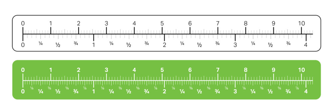Ruler with metric and imperial units for carpenter, engineering and teaching. A white and green ruler with millimeter, inches and fractions.