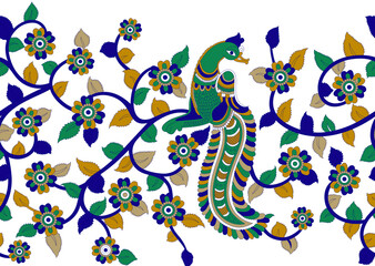 Seamless colorful traditional Asian peacock border on white background
