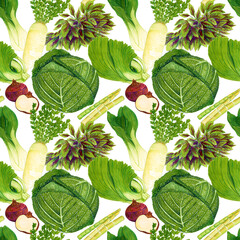 Watercolor hand drawn seamless vegetable pattern on white background.