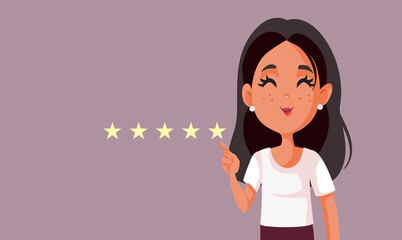 Happy Female Customer Giving Five Stars Positive Review Vector Cartoon