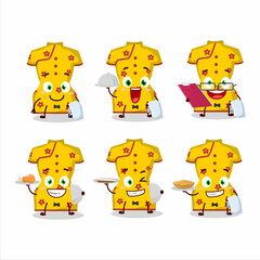 happy yellow clothing of chinese woman waiter cartoon character holding a plate