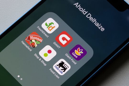 Portland, OR, USA - Feb 3, 2022: Assorted Apps Operated By Ahold Delhaize In The US Are Seen On An IPhone - FreshDirect, GIANT Food Stores, Giant Of Maryland, Hannaford, Stop And Shop, And Food Lion.