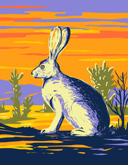 WPA poster art of an American desert hare or black-tailed jackrabbit in Joshua Tree National Park in the Mojave Desert, California, United States USA done in works project administration style.  © Redwater Vectors