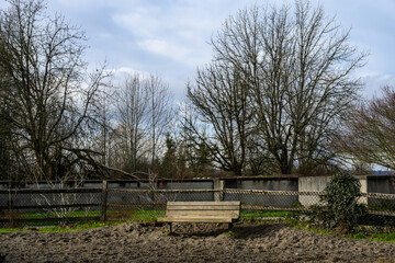 Sun shining on a wood bench in the off-leash dog park in Luther Burbank Park with Dairy Barn Ruins...