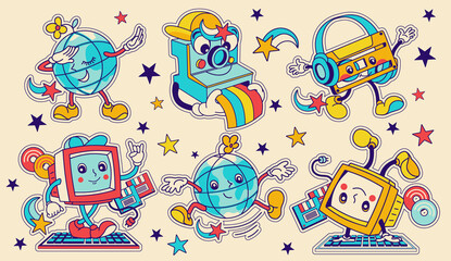  Nostalgia 70's stickers, badges, isolated elements. Retro Groovy characters,  computers, retro photo camera.