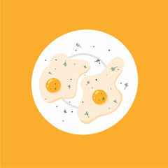 Vector illustration of fried eggs with greens . Omelet on a plate. breakfast concept.
