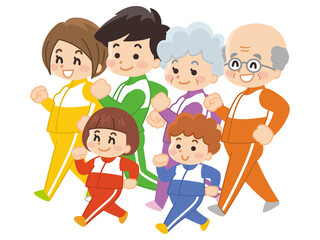 ジャージを着て歩く家族　運動　スポーツ　ウォーキング