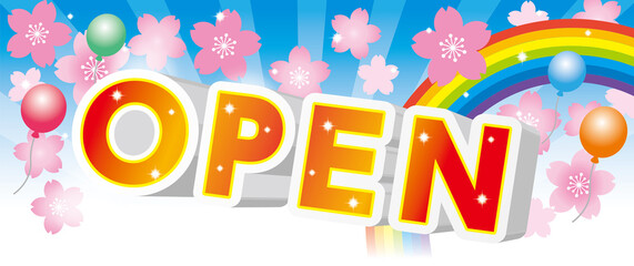 インパクトのあるオープンのデザイン文字と桜の花と空と虹のヘッダーイラスト/横長