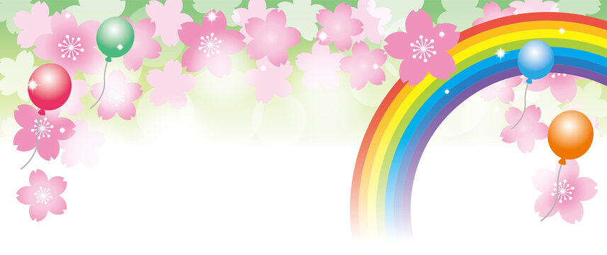 華やかな桜の花と虹のヘッダー背景イラスト/横長