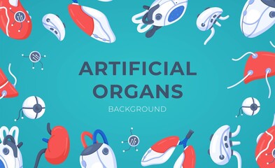 Vector illustration of artificial organs background. Concept of bionic organs isolated on blue background. Beautiful picture of donor organs. Helping the sick.