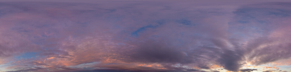 Fototapeta premium Dark blue sunset sky panorama with pink Cumulus clouds. Seamless hdr 360 panorama in spherical equirectangular format. Full zenith for 3D visualization, sky replacement for aerial drone panoramas.