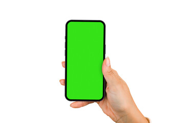 Girl holding a smartphone with green screen. Chroma Key. White background