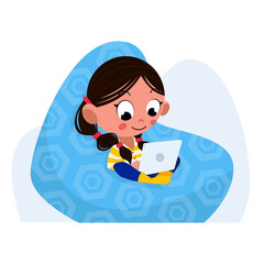 Girl with computer sitting in the bean bag chair. Good distance learning illustration.