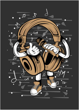 cartoon singing headphones t-shirt design illustration