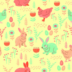 Seamless / surface pattern with rabbit, egg, hen / chicken and flower for easter, textile print or else. Scandinavian, retro, and folk style