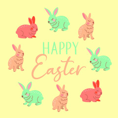 Simple easter greeting card / poster / flyer design template with rabbit. Retro style