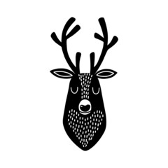 Deer head silhouette. Stylized drawing reindeer in simple scandi style. Nursery scandinavian art. Black and white vector illustration - 484807727