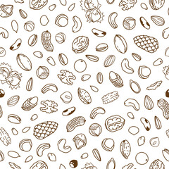 Vector seamless pattern, packaging design of nut and seed mix or snack. Walnut, peanut and sunflower seeds. Almond, pistachio, cashew, hazelnut and macadamia. Illustration in line art style