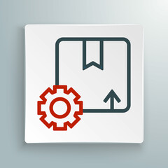 Line Gear wheel with package box icon isolated on white background. Box, package, parcel sign. Delivery and packaging. Colorful outline concept. Vector