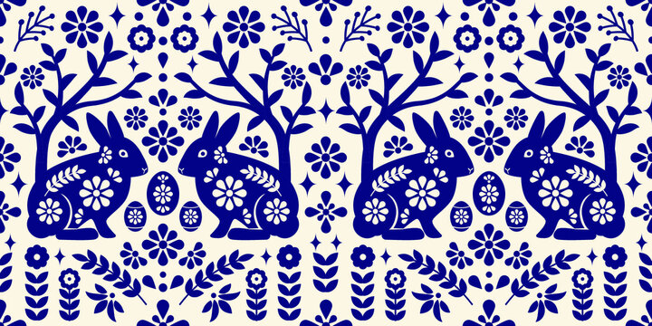 Seamless easter pattern scandinavian folk mexican style design with rabbit and flower.