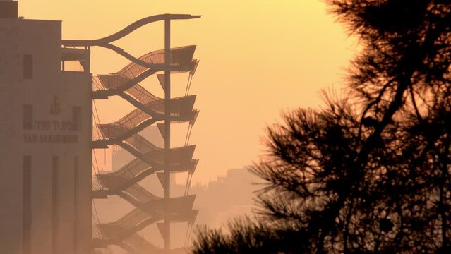 Jerusalem yad sarah building with mist at sunset 

Yad sarah building at sunset, Jerusalem, israel, July,2021
