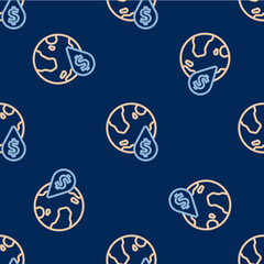 Line Oil drop with dollar symbol icon isolated seamless pattern on blue background. Oil price. Oil and petroleum industry. Vector