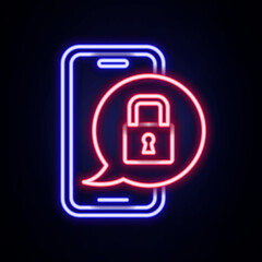 Glowing neon line Smartphone with closed padlock icon isolated on brick wall background. Phone with lock. Mobile security, safety, protection concept. Colorful outline concept. Vector