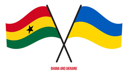 Ghana and Ukraine Flags Crossed And Waving Flat Style. Official Proportion. Correct Colors.