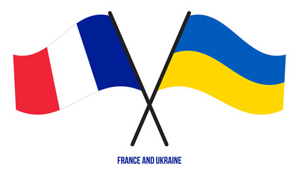 France and Ukraine Flags Crossed And Waving Flat Style. Official Proportion. Correct Colors.