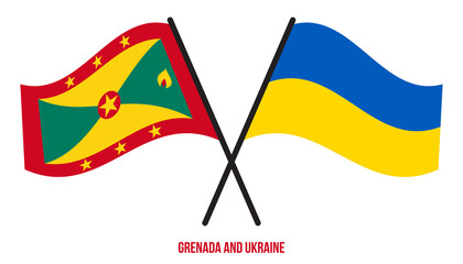 Grenada and Ukraine Flags Crossed And Waving Flat Style. Official Proportion. Correct Colors.
