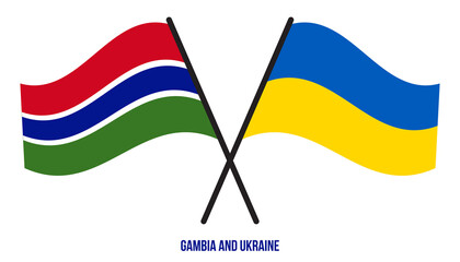 Gambia and Ukraine Flags Crossed And Waving Flat Style. Official Proportion. Correct Colors.