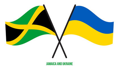 Jamaica and Ukraine Flags Crossed And Waving Flat Style. Official Proportion. Correct Colors.