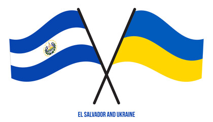El Salvador and Ukraine Flags Crossed And Waving Flat Style. Official Proportion. Correct Colors.