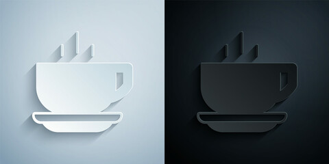 Paper cut Coffee cup icon isolated on grey and black background. Tea cup. Hot drink coffee. Paper art style. Vector