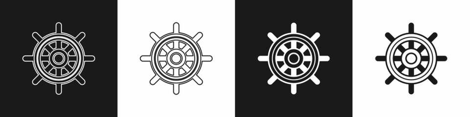 Obraz premium Set Ship steering wheel icon isolated on black and white background. Vector